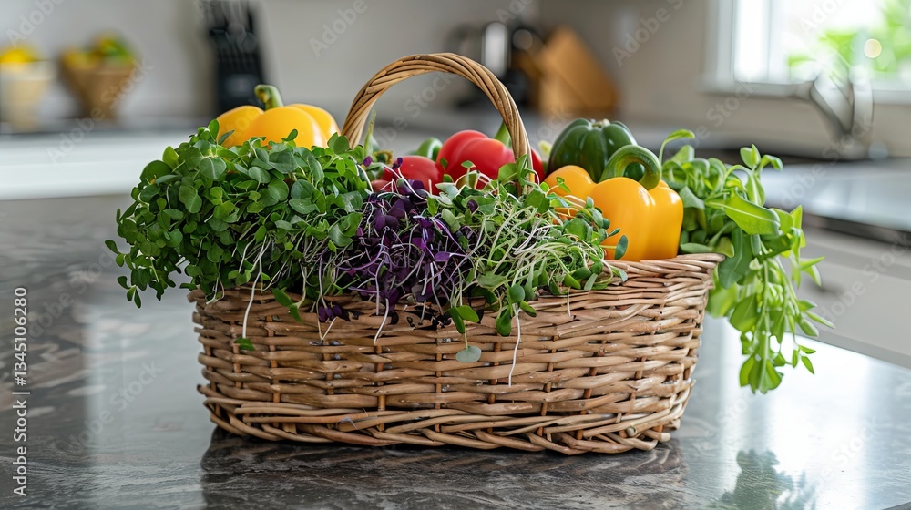 Aufkleber rustic basket filled with fresh microgreens and colorful vegetables on kitchen countertop generative