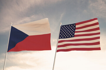 Relations between the countries of the United States of America USA and CZECHOSLOVAKIA represented by the concept of two flags waving against a cloudy sky.3d render.