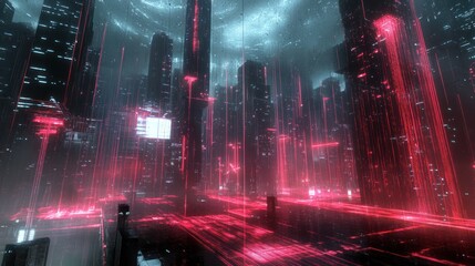 Futuristic city, neon rain, digital cityscape, night scene, possible use for video game background or digital art