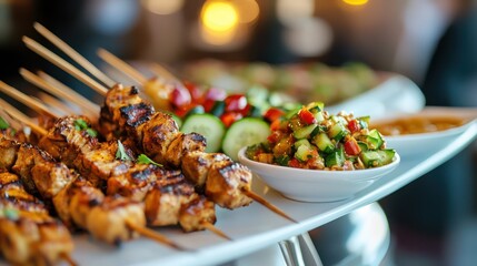 Grilled chicken skewers, salsa, and cucumber salad on a platter, restaurant background; food photography