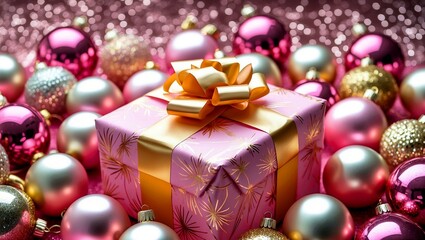 A festive gift box surrounded by pink and gold ornaments