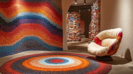 A colorful modern room decorated with unique textile art