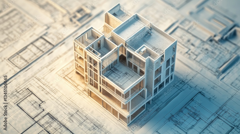 Poster an engineering workspace with multiple architectural blueprints overlapping.