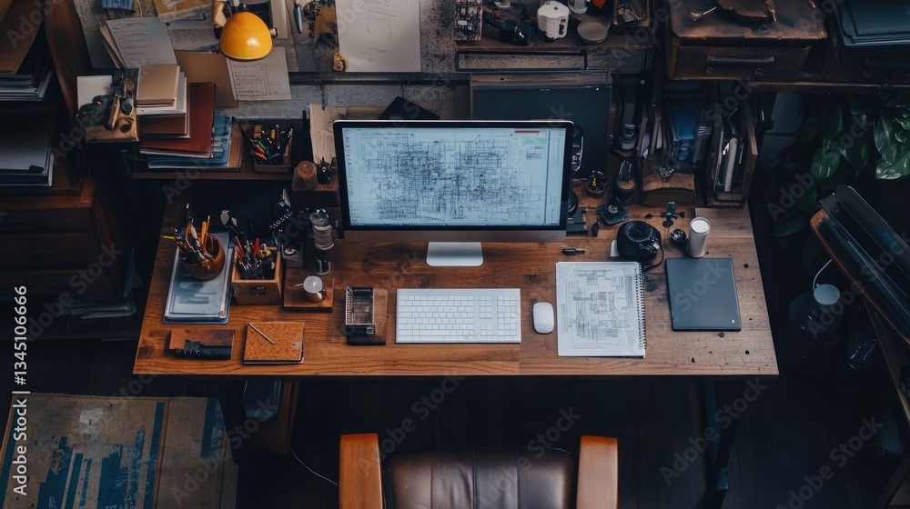 Poster An engineering workspace with multiple architectural blueprints overlapping.