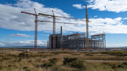 Fototapeta premium Giant steel framework of a new power station being assembled by cranes.