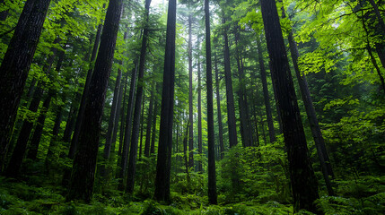 Obraz premium Lush Green Forest Canopy With Tall Trees Illuminated By Sunlight Creating Dramatic Light And Shadow