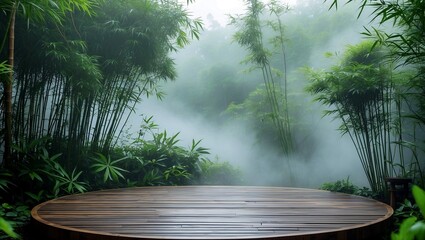 A serene misty retreat surrounded by lush greenery