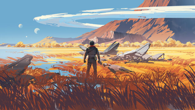 Fototapeta A man gazes at the wreckage of a crashed spaceship in a vast golden field with mountains and multiple moons in the sky , digital art style, illustration painting