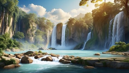 A stunning, serene waterfall cascades down a lush, green cliff into a clear,