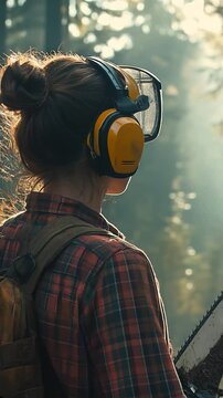 Female lumberjack woodcutter Woman in Protective Gear Holding Chainsaw Surrounded by Lush Forest Landscape. Vertical video made using Generative AI.
