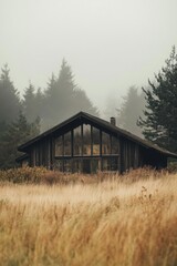 Obraz premium A charming rustic wooden cabin nestled within a misty forest and surrounded by tall grass creates a serene landscape at dawn, showcasing the stunning beauty of nature