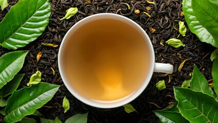 A tranquil cup of golden tea and green leaves