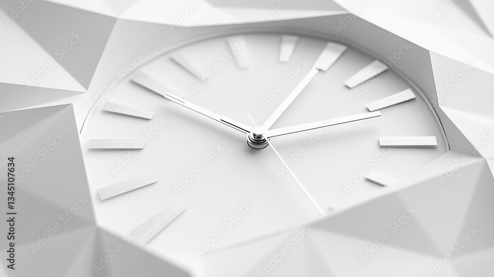 Poster close-up of a minimalist white clock embedded in a geometric, polygonal surface.