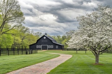 Obraz premium It’s a serene afternoon spent at a stunning countryside barn, enveloped by vibrant greenery and blossoming trees under a soft, overcast sky