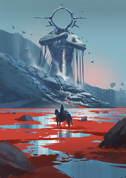 Fototapeta A mysterious horseman crosses a red-tinted frozen landscape toward a towering ancient statue holding a glowing sword in a surreal scene, digital art style, illustration painting