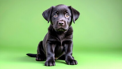 Adorable black labrador puppy against vibrant green background