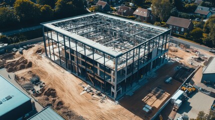 High-angle shot of a modern factory under construction, highlighting exposed steel beams.