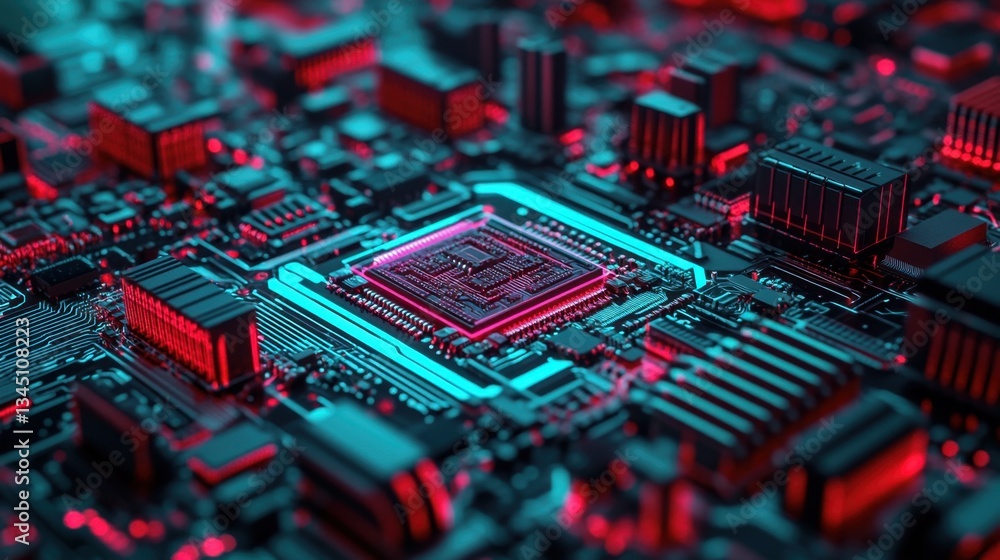 Poster high-tech innovation with holographic circuit board elements in a digital space.