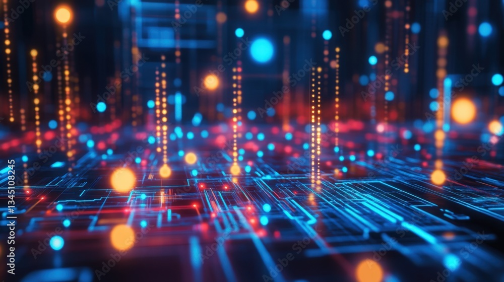 Poster high-tech innovation with holographic circuit board elements in a digital space.