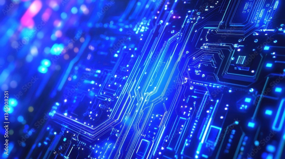 Poster high-tech innovation with holographic circuit board elements in a digital space.