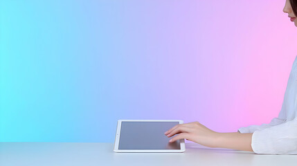 Naklejka premium Young Woman Using Tablet On Pastel Background