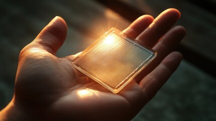 Hand holding small glass square, sunlit, dark background, hope concept