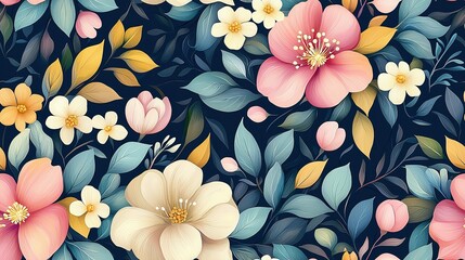 An artistic floral pattern featuring various blossoms and leaves on a backdrop
