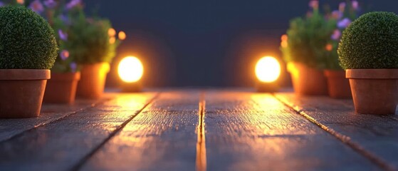 Wooden Surface Illuminated By Decorative Lights And Plants