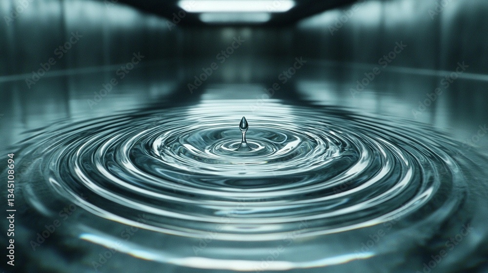 Poster close-up of a water droplet impacting a still surface, creating concentric ripples in a metallic set