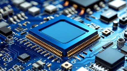 Fototapeta premium Blue microchip on circuit board showcasing advanced technology