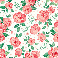 Delicate Floral Rose Pattern with Pretty Blooms on White Background