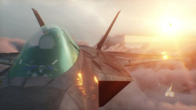 Military fighter jet F-22 flying over clouds. Air force.