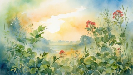 Obraz premium Lush green plants with delicate, feathery flower heads stand against a softly blurred, pale background.