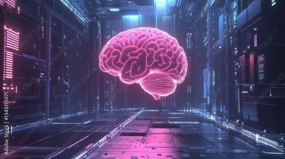 Poster innovation concept with a neon brain and interconnected nodes in a futuristic setting.
