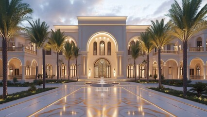 Grand Arabian-style luxury mansion with golden accents and palm trees at dusk