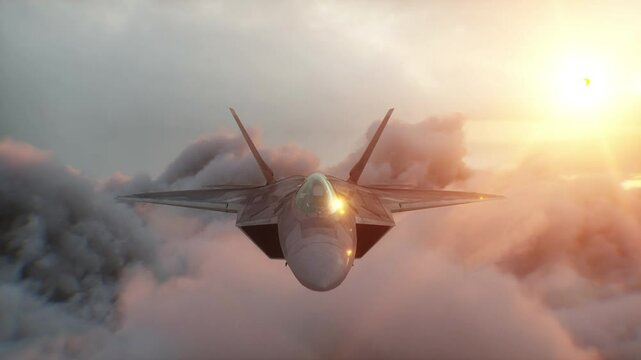 Military fighter jet F-22 flying over clouds. Air force.