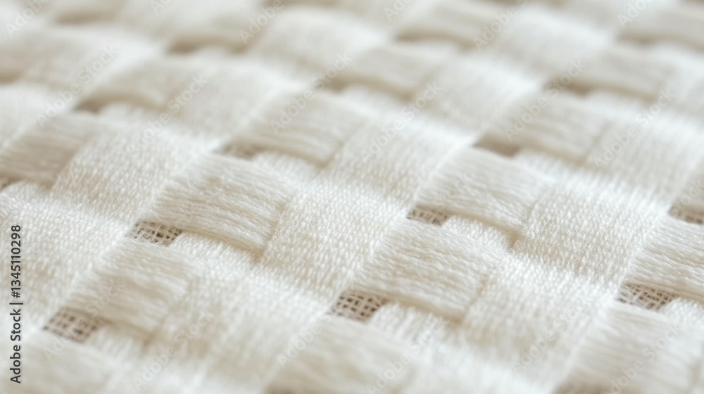 Poster close-up of white woven fabric with textured squares and subtle shadows, showing intricate detail an