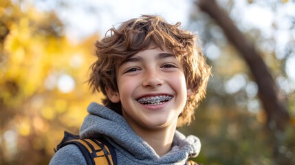 Happy boy smiling outdoors, autumn leaves background