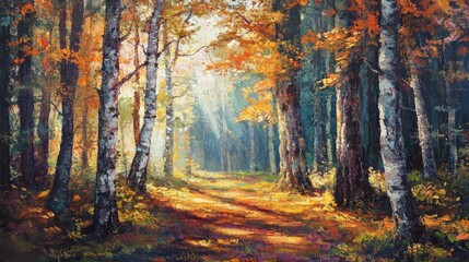 Fototapeta premium Vibrant Autumn Forest Path with Sunlight Streaming Through Colorful Foliage in a Serene Natural Landscape