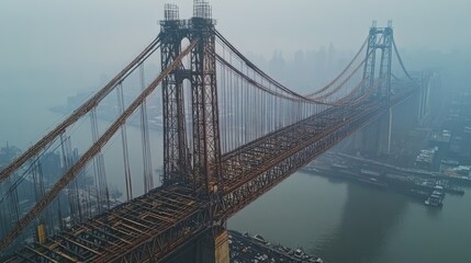 Obraz premium A large-scale bridge under construction, showing steel reinforcements and concrete pillars.