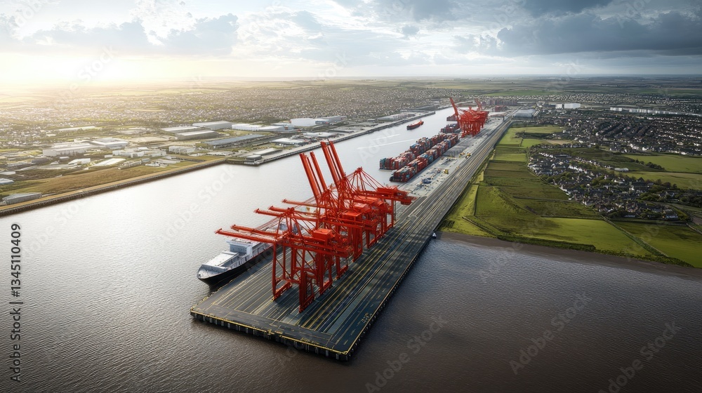 Poster a large-scale port development project with massive cranes and cargo ships.