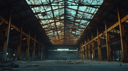 Interior of a steel factory with massive trusses supporting the high ceiling.