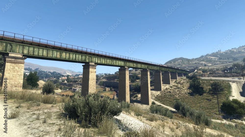 Poster a large-scale railway bridge spanning across a deep valley.
