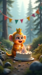 Obraz premium A happy golden snub-nosed monkey in a crown celebrates a birthday with a mountain-themed cake, lit candles, and a misty forest setting full of magic and charm.