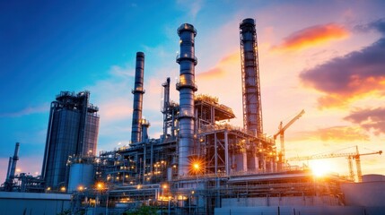 Large power plant under construction with towering steel structures and cranes.