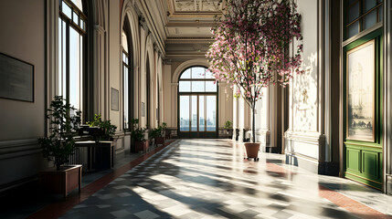 Obraz premium Elegant Interior Hallway With Large Windows And Blooming Tree In Sunlight