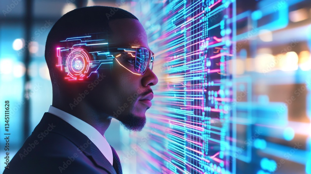 Poster futuristic man with augmented reality glasses interacts with digital interface in urban setting