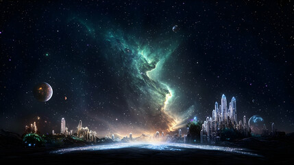Panoramic view of a futuristic city skyline under a vibrant nebula and starry night sky
