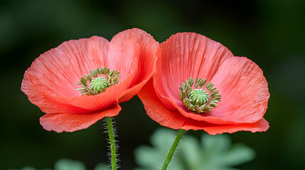 Fototapeta premium Pair of Vibrant Red Poppies in Full Bloom Against a Blurred Green Background Showing Delicate Petals and Floral Detail