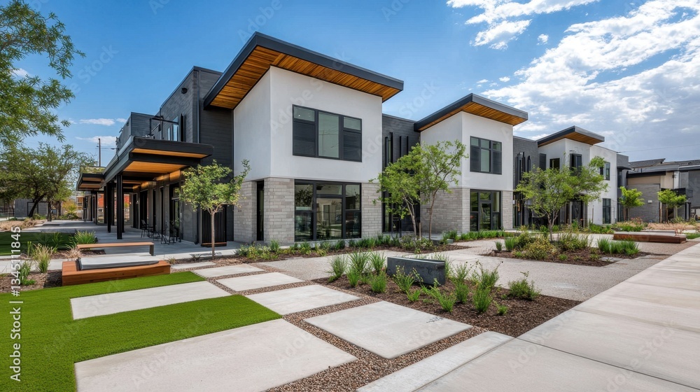Poster modern industrial complex with sleek steel architecture and open framework.